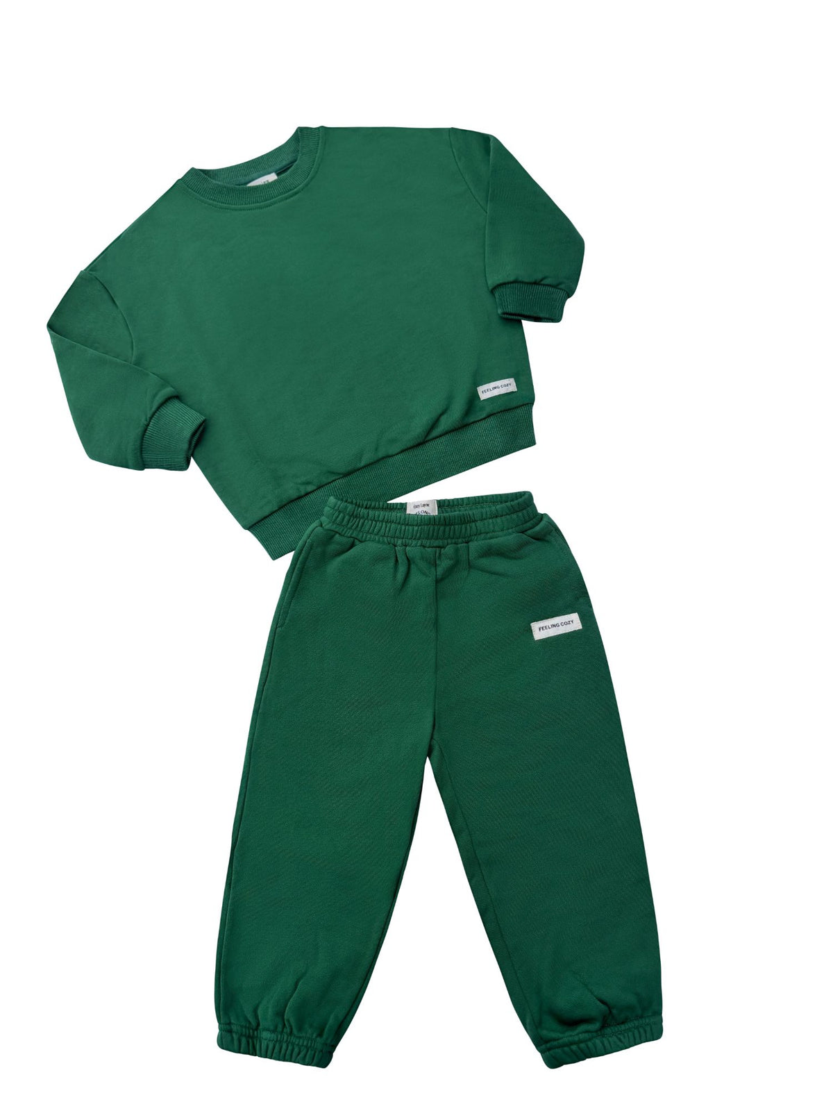 A two-piece children's sweatshirt and jogger pants set in forest green, laid flat on a white background. The set includes a long-sleeve crewneck sweatshirt and matching elastic-waist jogger pants with elastic cuffs.